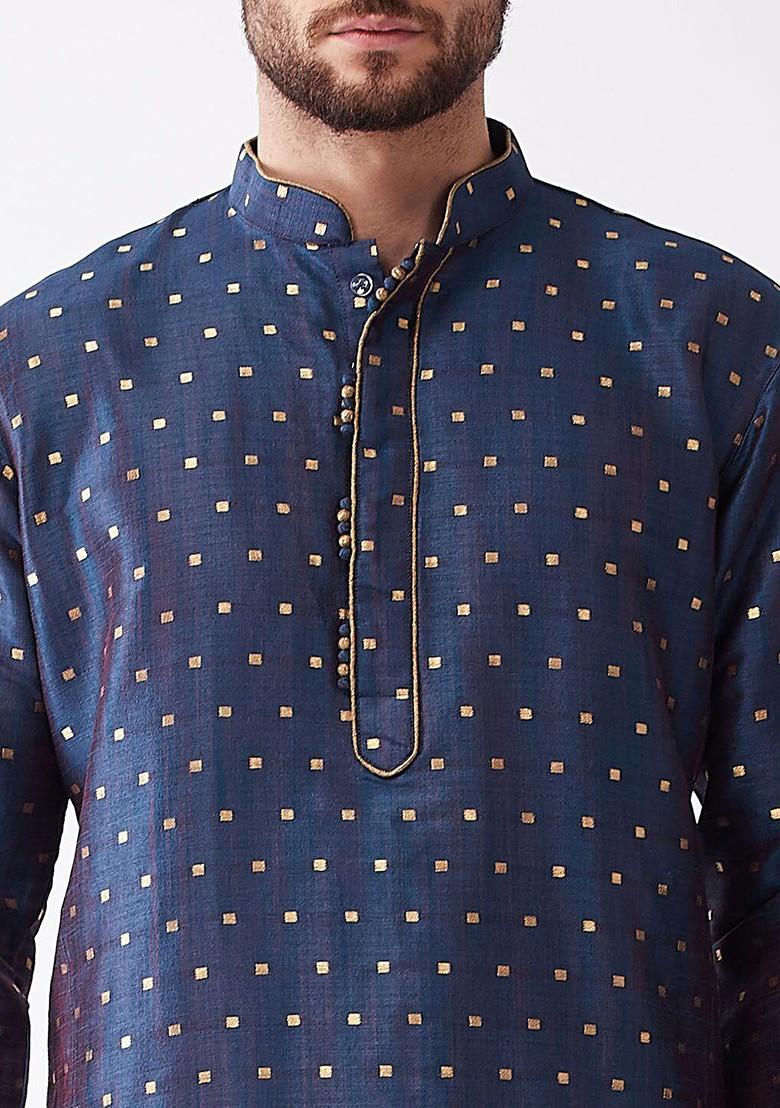 Blue Woven Poly Blend Kurta Set For Men