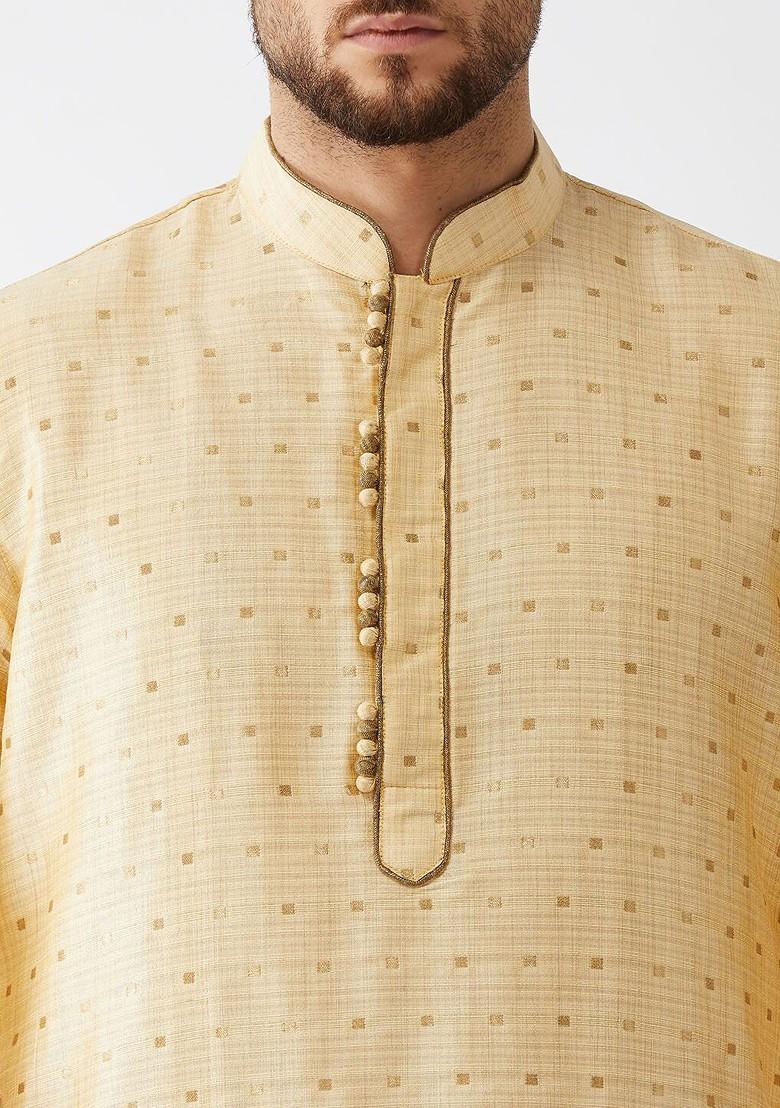 Gold Woven Poly Blend Kurta Set For Men