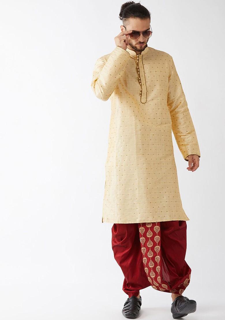 Gold Woven Poly Blend Kurta Set For Men