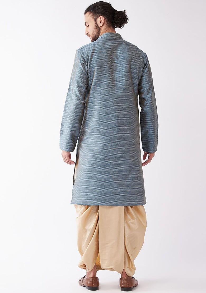 Blue Woven Poly Blend Kurta Set For Men