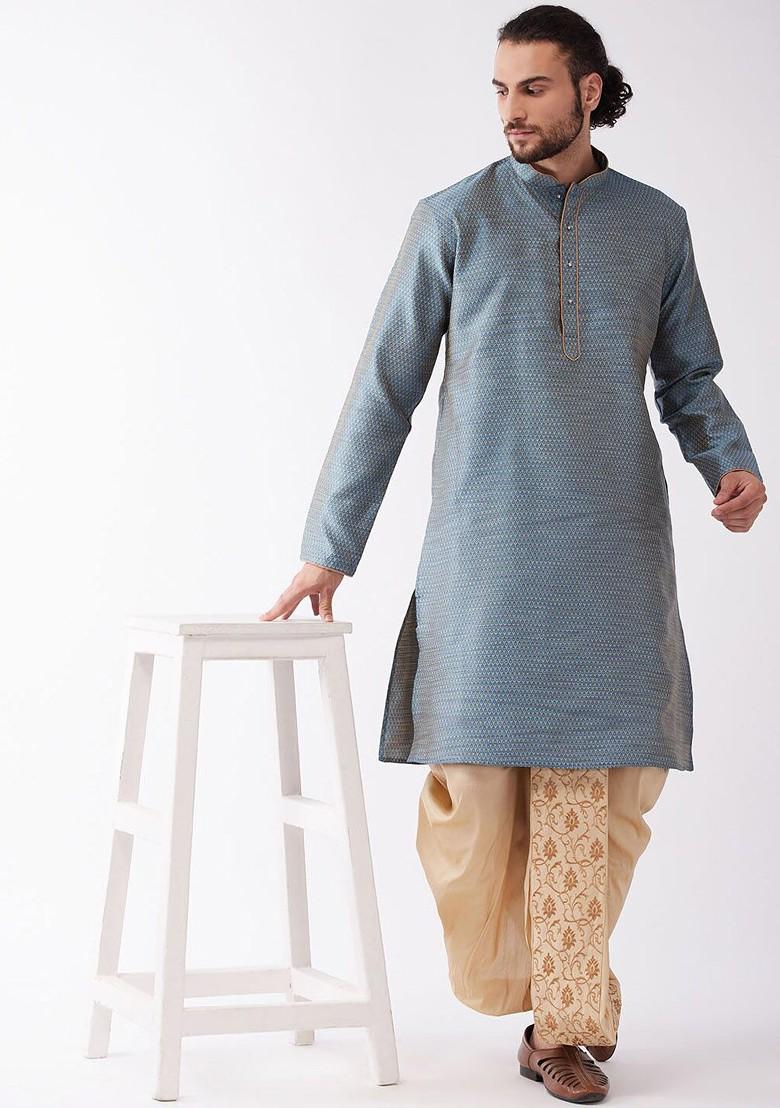 Blue Woven Poly Blend Kurta Set For Men