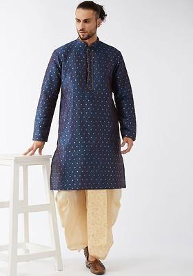 Navy Blue Woven Poly Blend Kurta Set For Men
