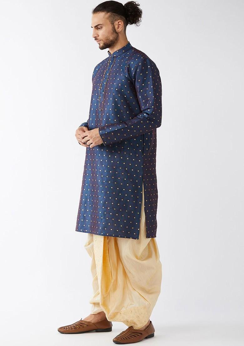 Navy Blue Woven Poly Blend Kurta Set For Men