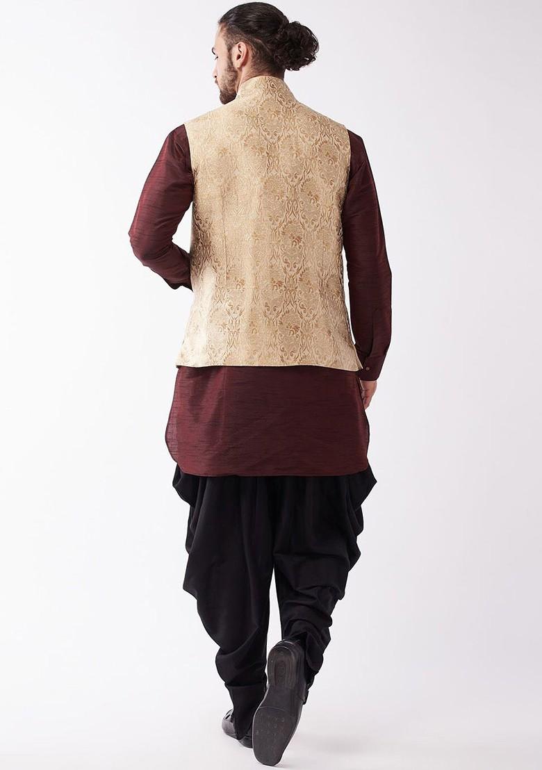 Burgundy Solid Poly Blend Kurta Set For Men