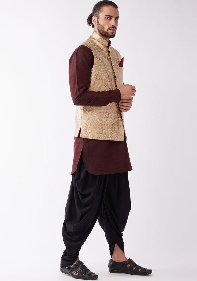 Burgundy Solid Poly Blend Kurta Set For Men