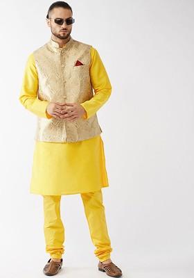Yellow Woven Poly Blend Kurta Set For Men
