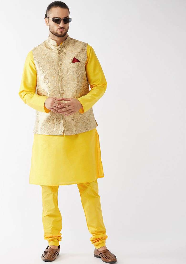Yellow Woven Poly Blend Kurta Set For Men - Indya