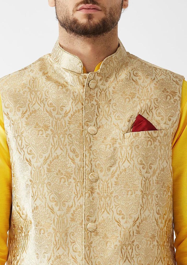 Yellow Woven Poly Blend Kurta Set For Men