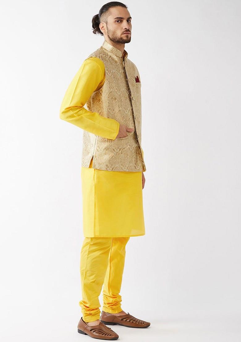Yellow Woven Poly Blend Kurta Set For Men