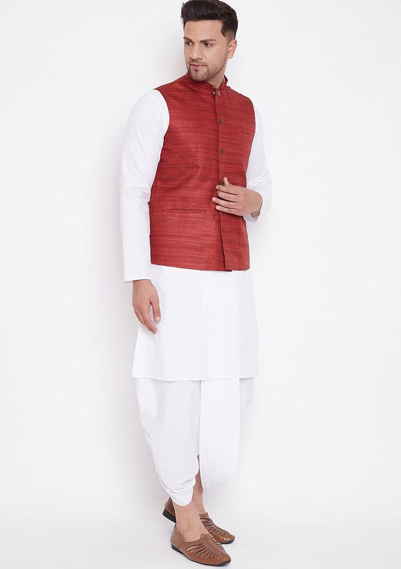 White Solid Cotton Kurta Set For Men