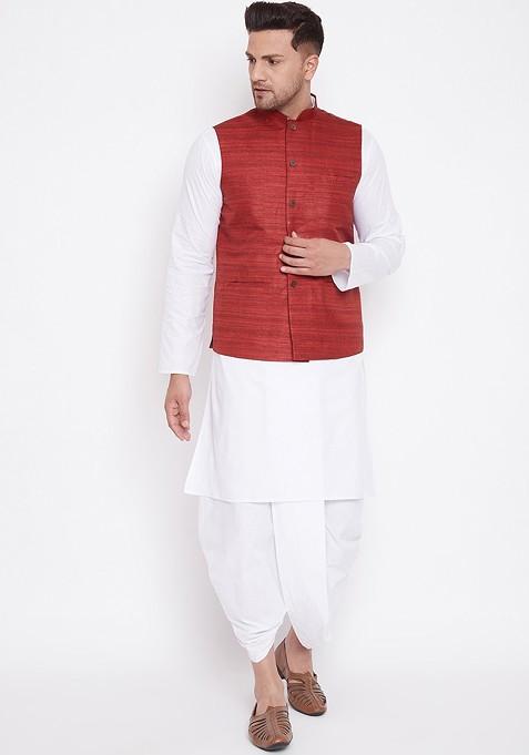 White Solid Cotton Kurta Set For Men