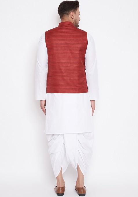 White Solid Cotton Kurta Set For Men