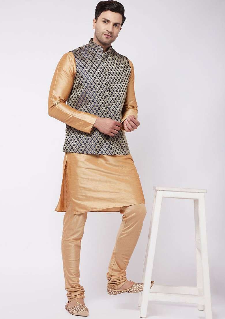 Rose Gold Woven Poly Blend Kurta Set For Men - Indya
