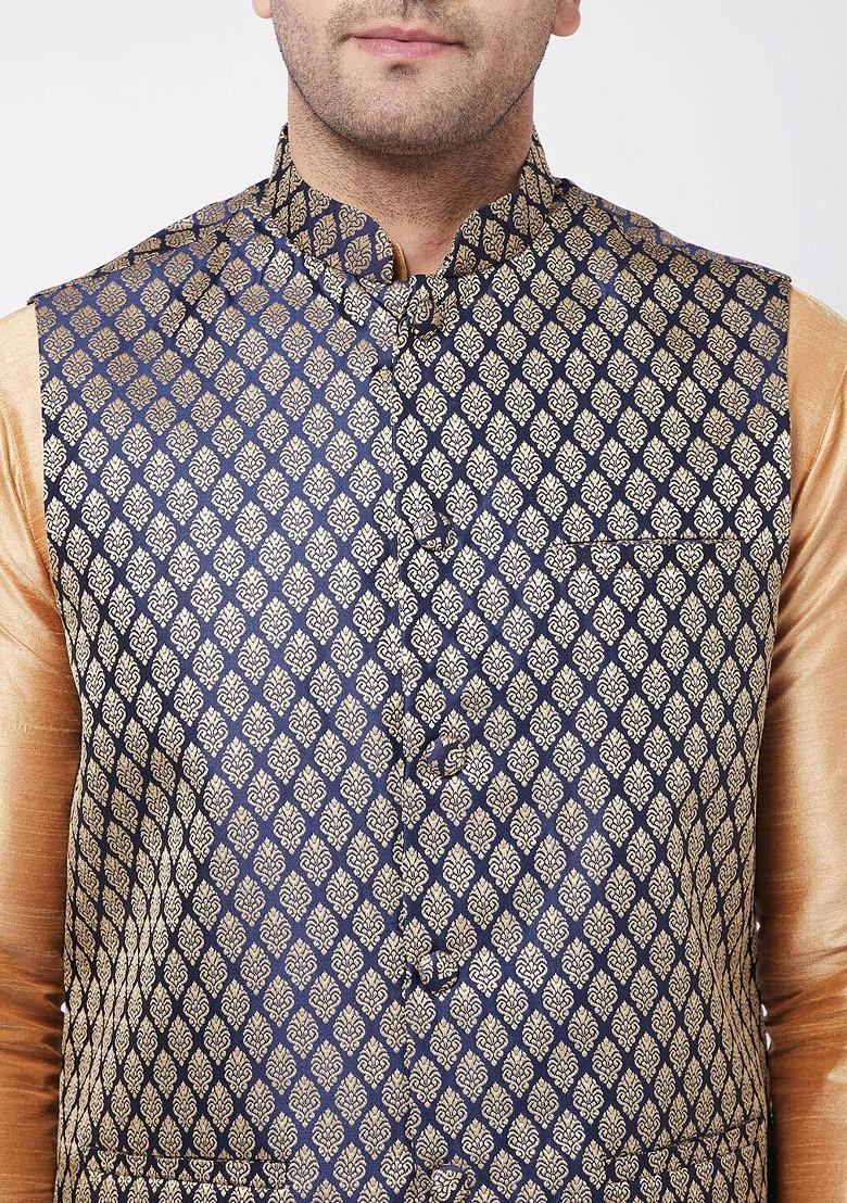 Rose Gold Woven Poly Blend Kurta Set For Men