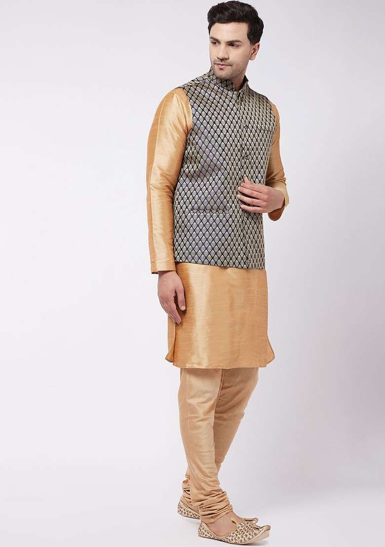 Rose Gold Woven Poly Blend Kurta Set For Men - Indya
