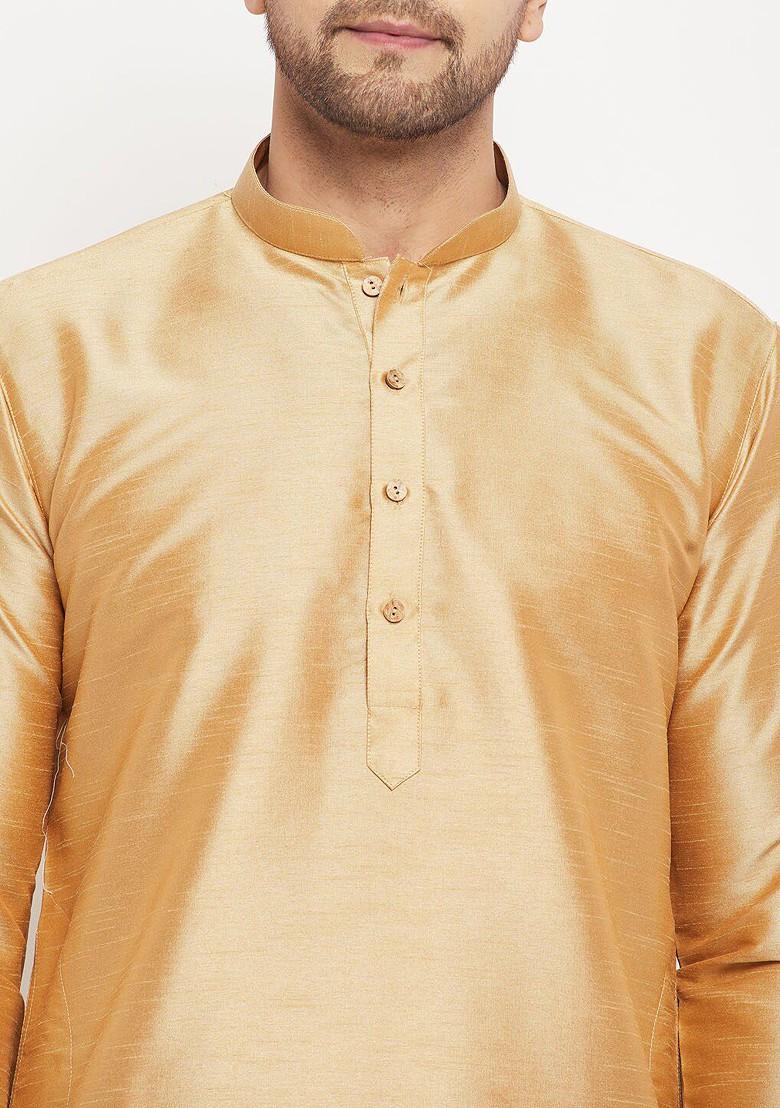 Rose Gold Woven Poly Blend Kurta Set For Men