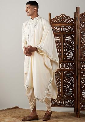 Cream Embroidered Poly Blend Kurta Set For Men