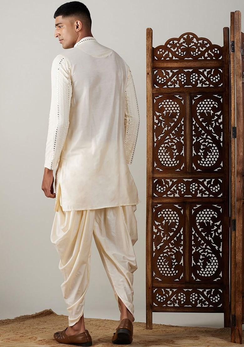 Cream Embroidered Poly Blend Kurta Set For Men