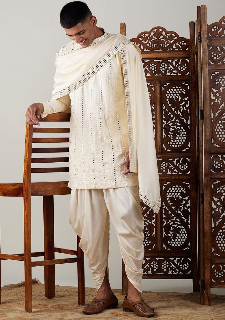 Cream Embroidered Poly Blend Kurta Set For Men