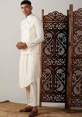 Cream Mirror Work Poly Blend Kurta Set For Men