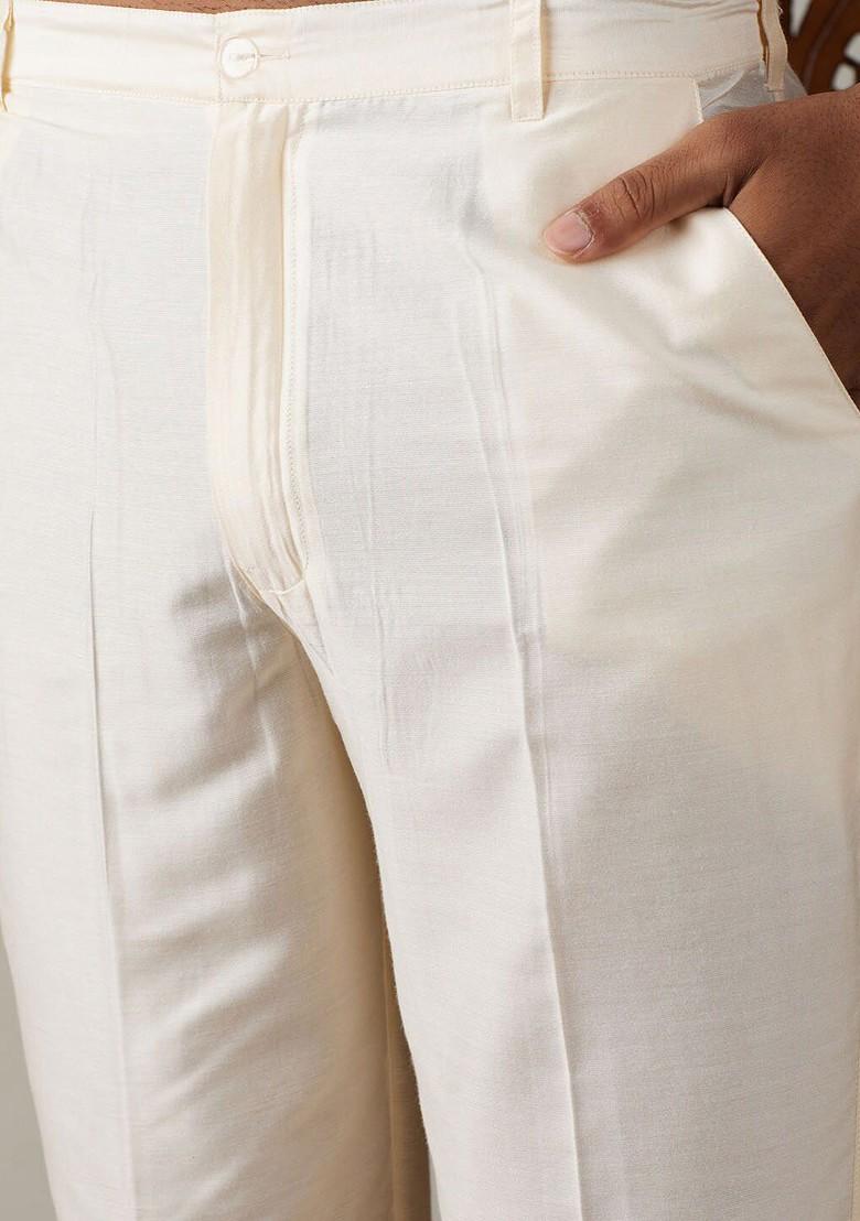 Cream Mirror Work Poly Blend Kurta Set For Men