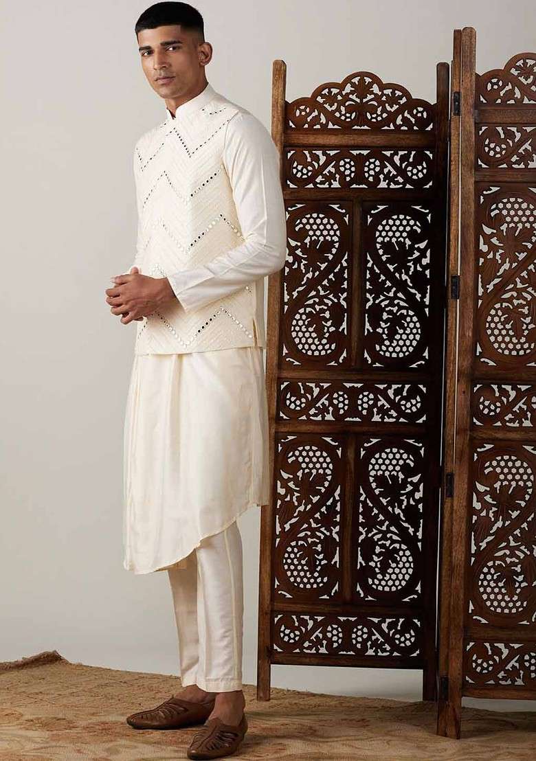 Cream Mirror Work Poly Blend Kurta Set For Men - Indya