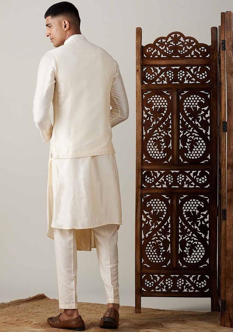 Cream Mirror Work Poly Blend Kurta Set For Men