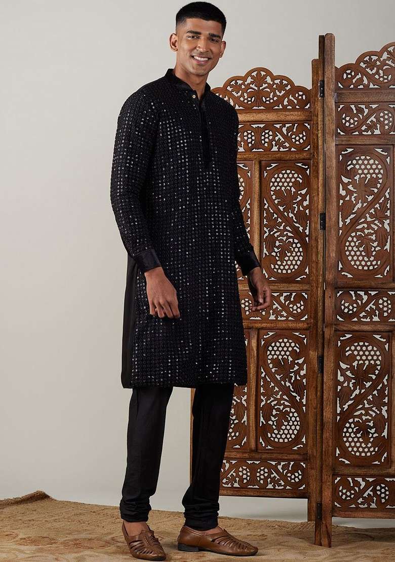 Black Ethnic Motifs Poly Blend Kurta Set For Men - Indya