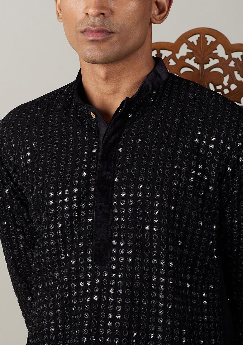 Black Ethnic Motifs Poly Blend Kurta Set For Men