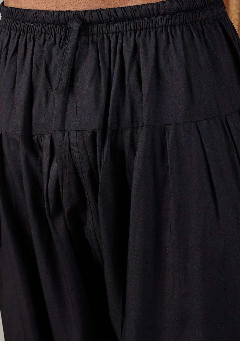 Black Ethnic Motifs Poly Blend Kurta Set For Men - Indya