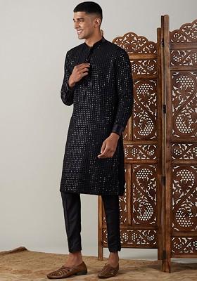 Black Embroidered Poly Blend Kurta Set For Men