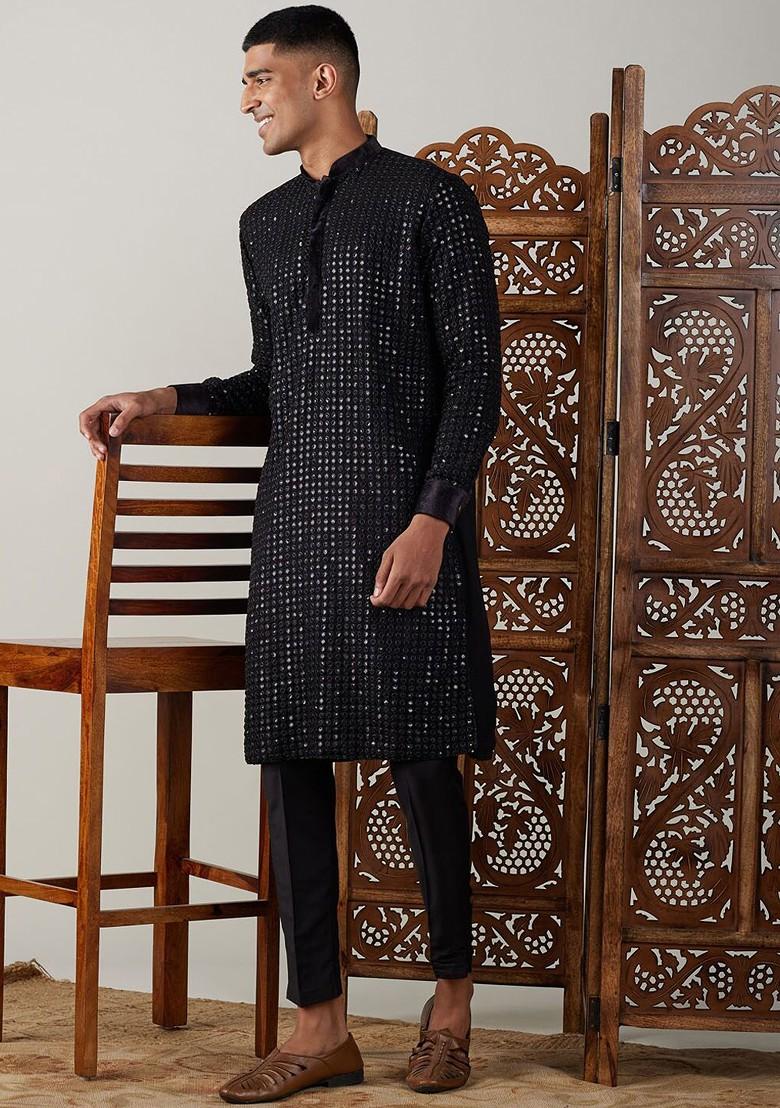 Black Embroidered Poly Blend Kurta Set For Men