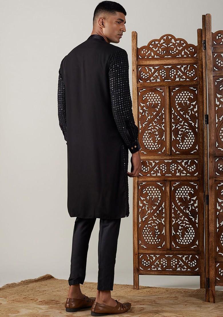 Black Embroidered Poly Blend Kurta Set For Men
