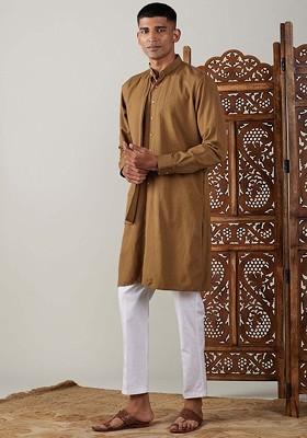 Coffee Brown Solid Cotton Kurta Set For Men