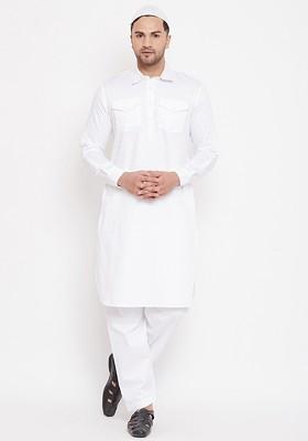 White Solid Pathani Kurta Set For Men