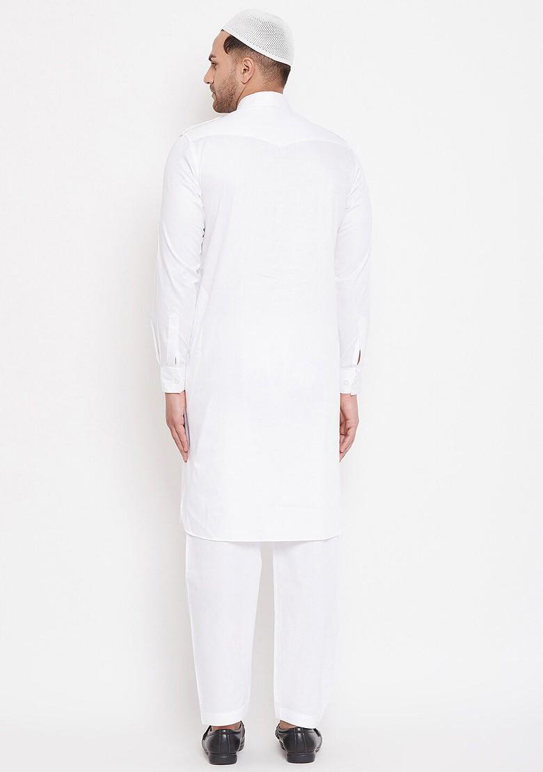 White Solid Pathani Kurta Set For Men