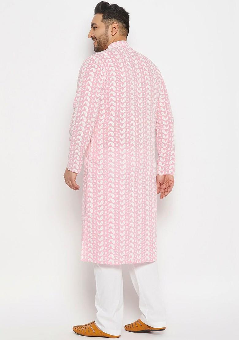 Pink Embroidered Cotton Kurta Set For Men