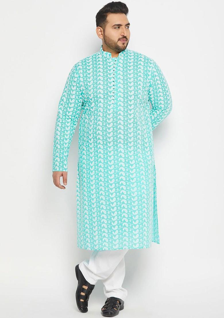 Turquoise Blue Embroidered Cotton Kurta Set For Men