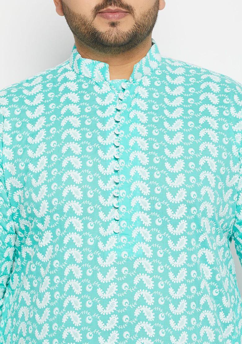 Turquoise Blue Embroidered Cotton Kurta Set For Men