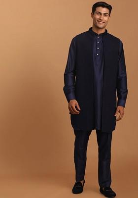 Navy Blue Solid Poly Blend Kurta Set For Men