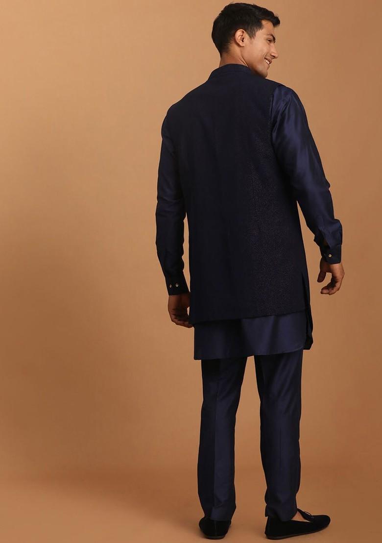 Navy Blue Solid Poly Blend Kurta Set For Men