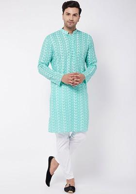 Blue Embroidered Cotton Kurta Set For Men