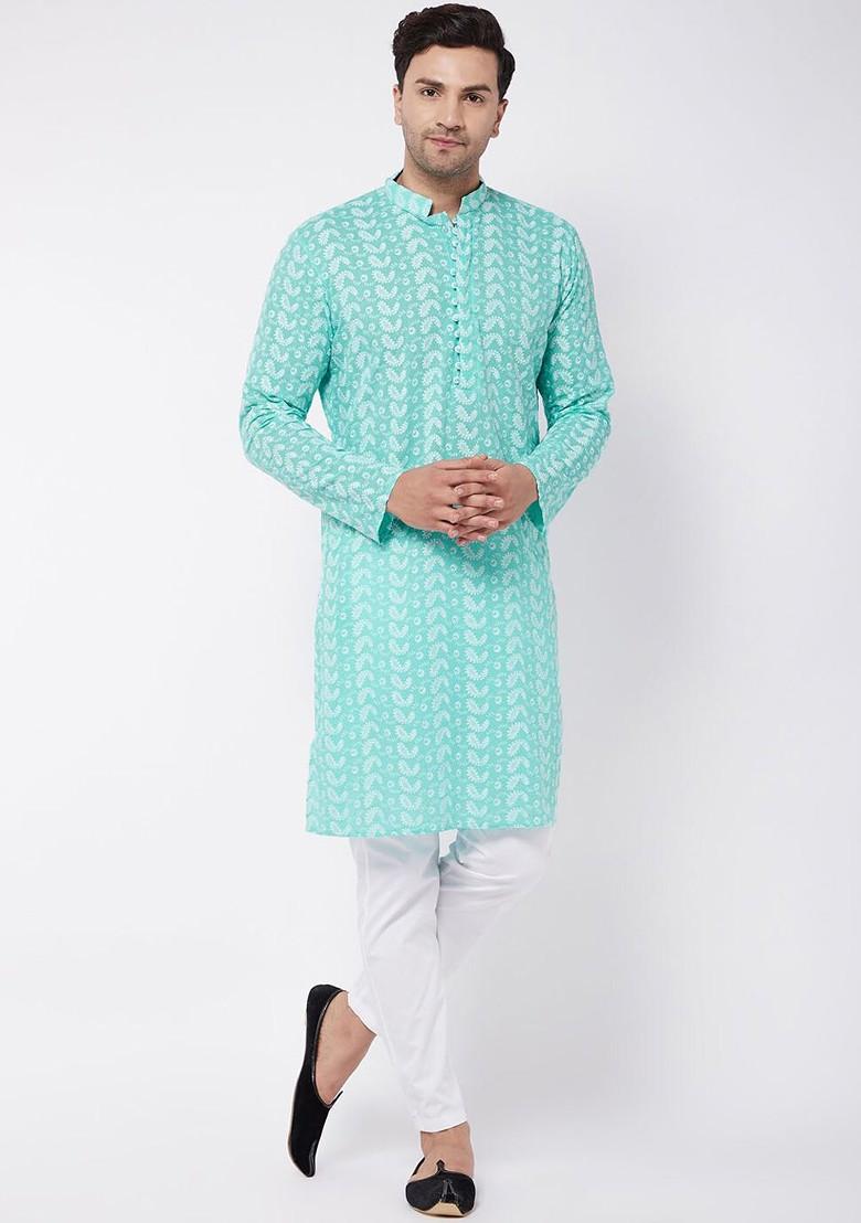 Blue Embroidered Cotton Kurta Set For Men