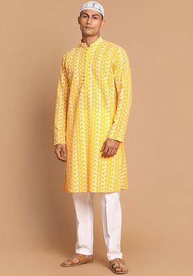 Orange Embroidered Cotton Kurta Set For Men