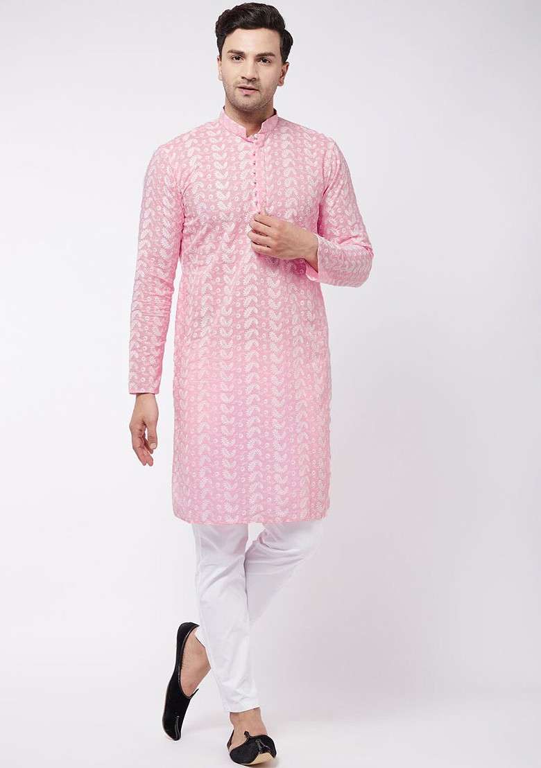 Pink Embroidered Cotton Kurta Set For Men - Indya