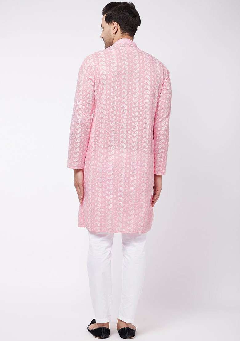 Pink Embroidered Cotton Kurta Set For Men - Indya