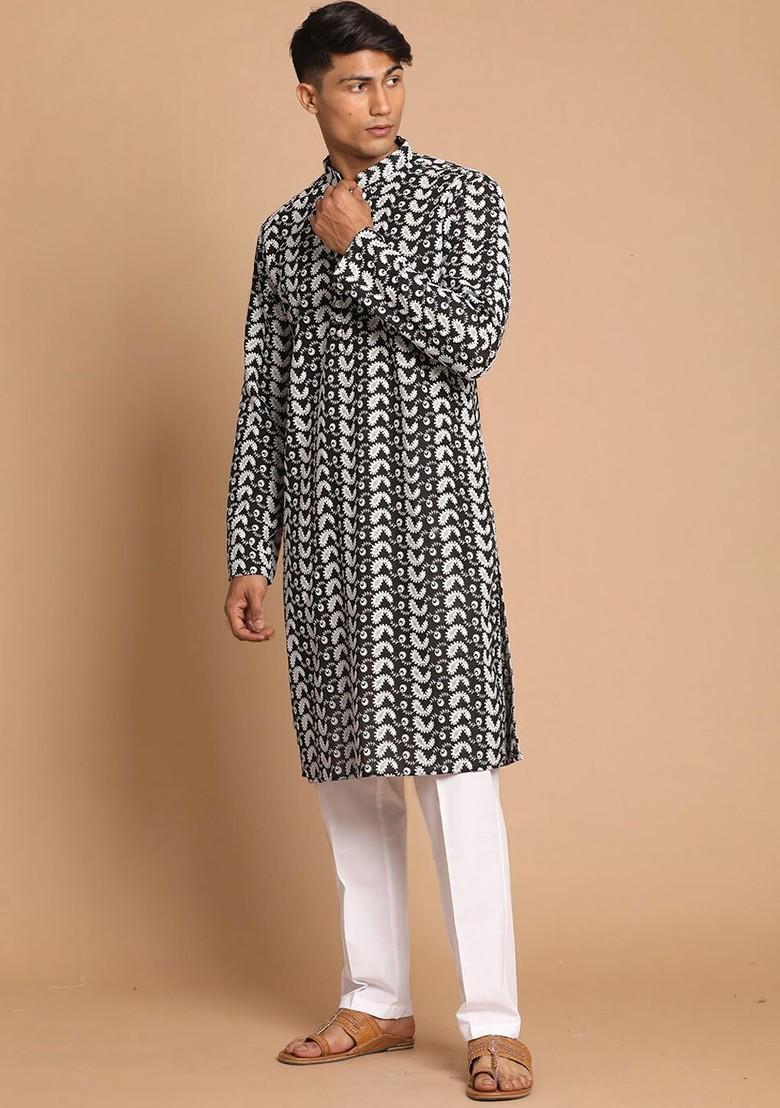 Black Embroidered Cotton Kurta Set For Men