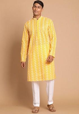 Mustard Embroidered Cotton Kurta Set For Men