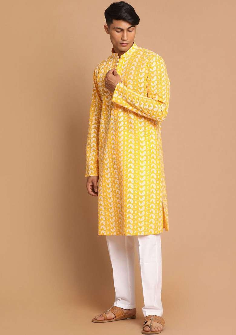 Mustard Embroidered Cotton Kurta Set For Men - Indya