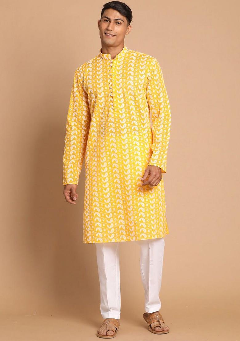 Mustard Embroidered Cotton Kurta Set For Men